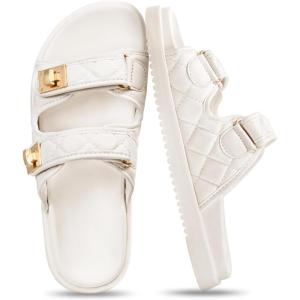 FITORY Women’s Flat Sandals Classic Adjustable Double Strap Slip On Casual Summer Slide Size 6-11(White-2105)