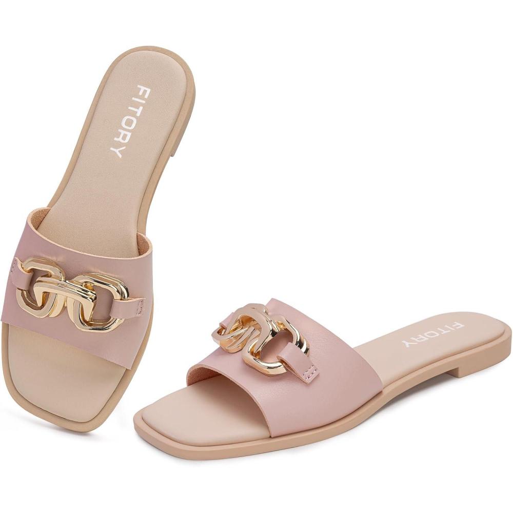 imageFITORY Womens Flat Sandals Fashion Slides With Soft Leather Slippers for Summer Size 611Muted Pink