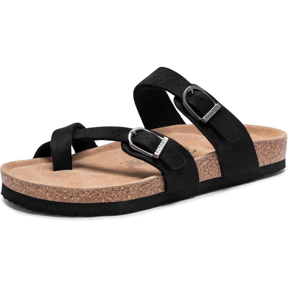 imageFITORY Womens Slide Sandals with Soft Cork Footbed Comfort Arch Support Flat Sandals for Summer Size 611Black Suede