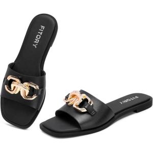 FITORY Women’s Flat Sandals Fashion Slides With Soft Leather Slippers for Summer Size 6-11(All Black)