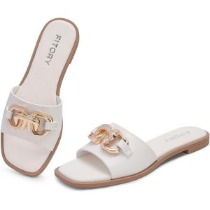 FITORY Women’s Flat Sandals Fashion Slides With Soft Leather Slippers for Summer Size 6-11(Cream White)