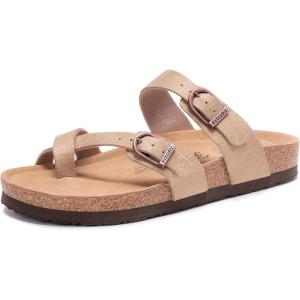 FITORY Women’s Slide Sandals with Soft Cork Footbed, Comfort Arch Support Flat Sandals for Summer Size 6-11(Taupe Suede)
