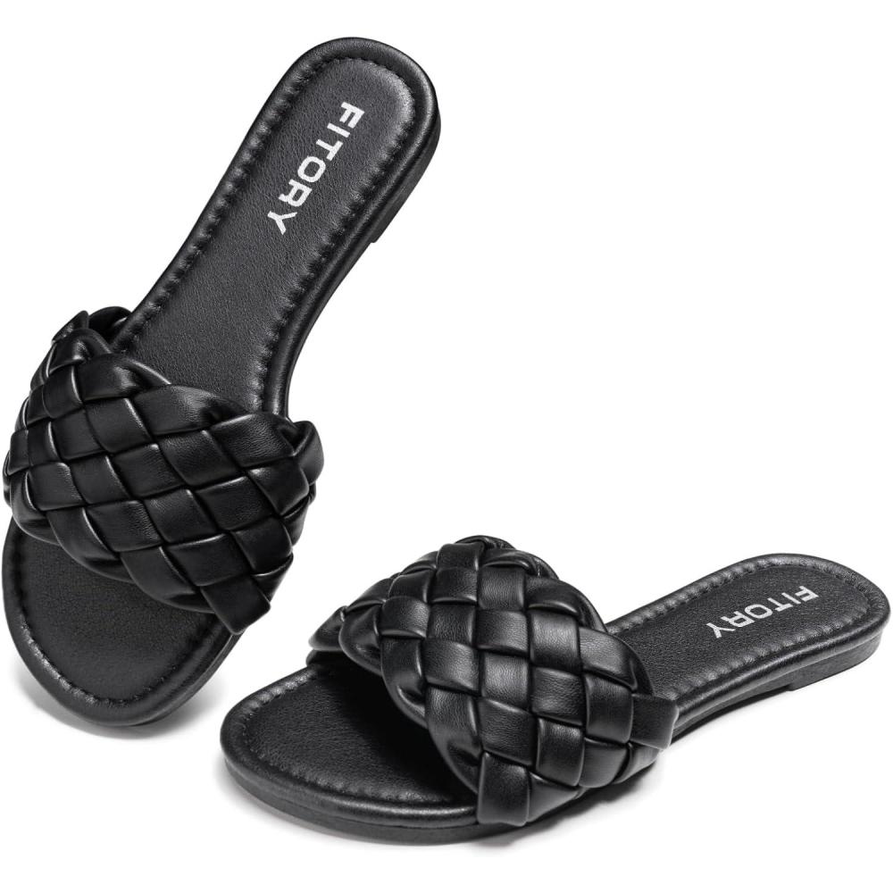 imageFITORY Womens Flat Sandals Fashion Round Open Toe Slip On Slides with Braided Strap Slippers for Summer Size 611All Black