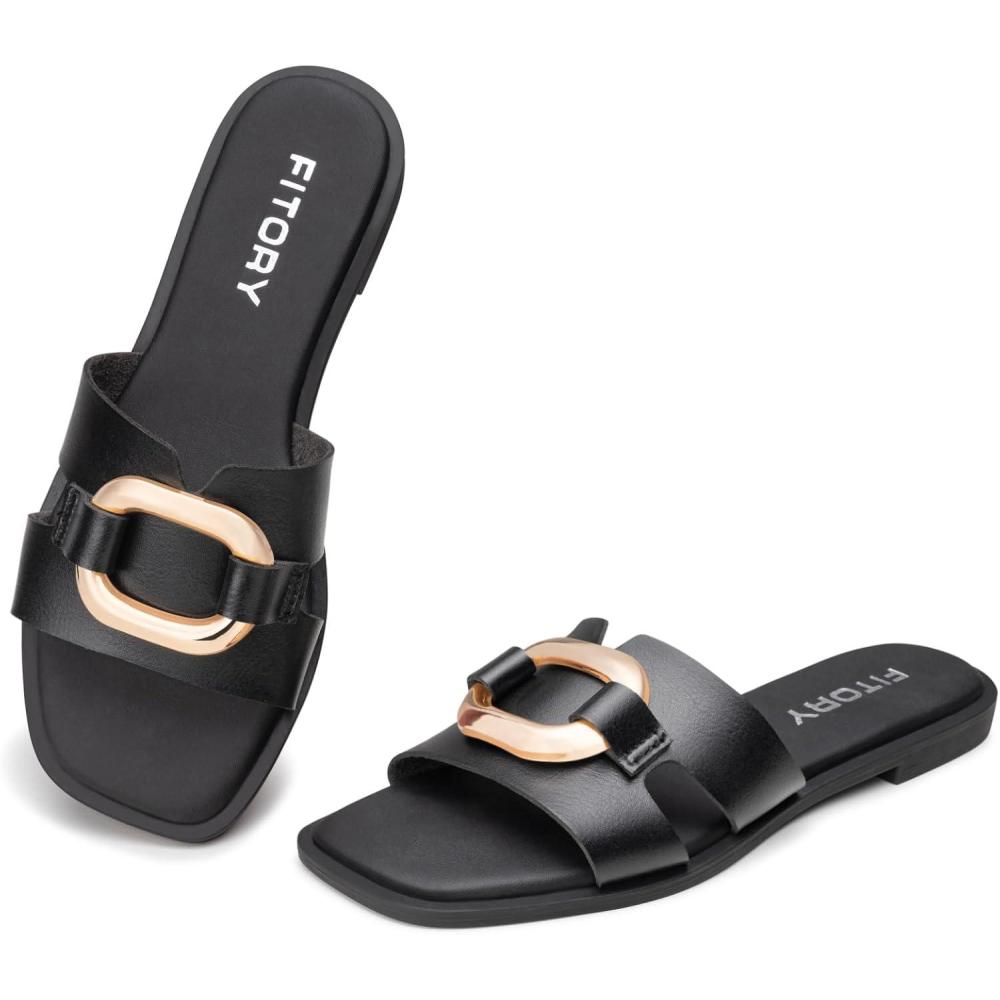 imageFITORY Womens Flat Sandals Fashion Square Open Toe Slides With Metal Chain Slippers for Summer Size 611All Black