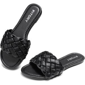 FITORY Womens Flat Sandals Fashion Round Open Toe Slip On Slides with Braided Strap Slippers for Summer Size 6-11(All Black)