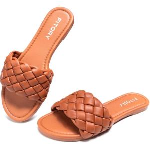 FITORY Womens Flat Sandals Fashion Round Open Toe Slip On Slides with Braided Strap Slippers for Summer Size 6-11(All Brown)