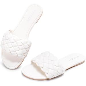 FITORY Womens Flat Sandals Fashion Round Open Toe Slip On Slides with Braided Strap Slippers for Summer Size 6-11(All White)