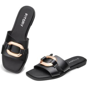 FITORY Women’s Flat Sandals Fashion Square Open Toe Slides With Metal Chain Slippers for Summer Size 6-11(All Black)