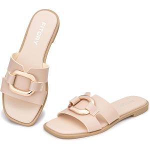 FITORY Women’s Flat Sandals Fashion Square Open Toe Slides With Metal Chain Slippers for Summer Size 6-11(Beige)