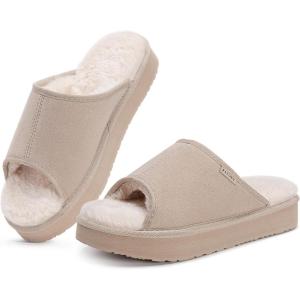 FITORY Womens Open Toe Slipper with Cozy Lining,Faux Rabbit Fur Cork Slide Sandals Size 6-11(Beige Suede)