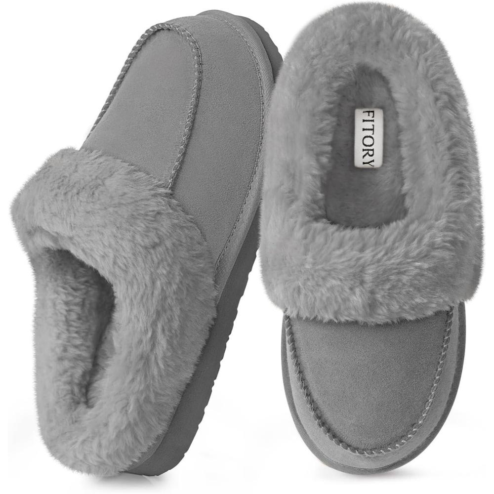 imageFITORY Womens Suede Slipper Flat Slip On House Shoes with Faux Fur Lining Indoor Outdoor Short Mini BootsCool Gray Suede