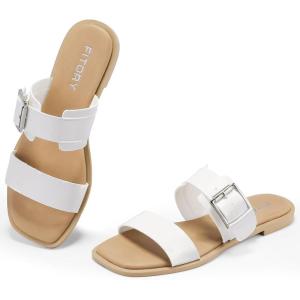 FITORY Women’s Flat Sandals Fashion Square Open Toe Adjustable Buckles Double Strap Slippers Summer Size 6-11(White)